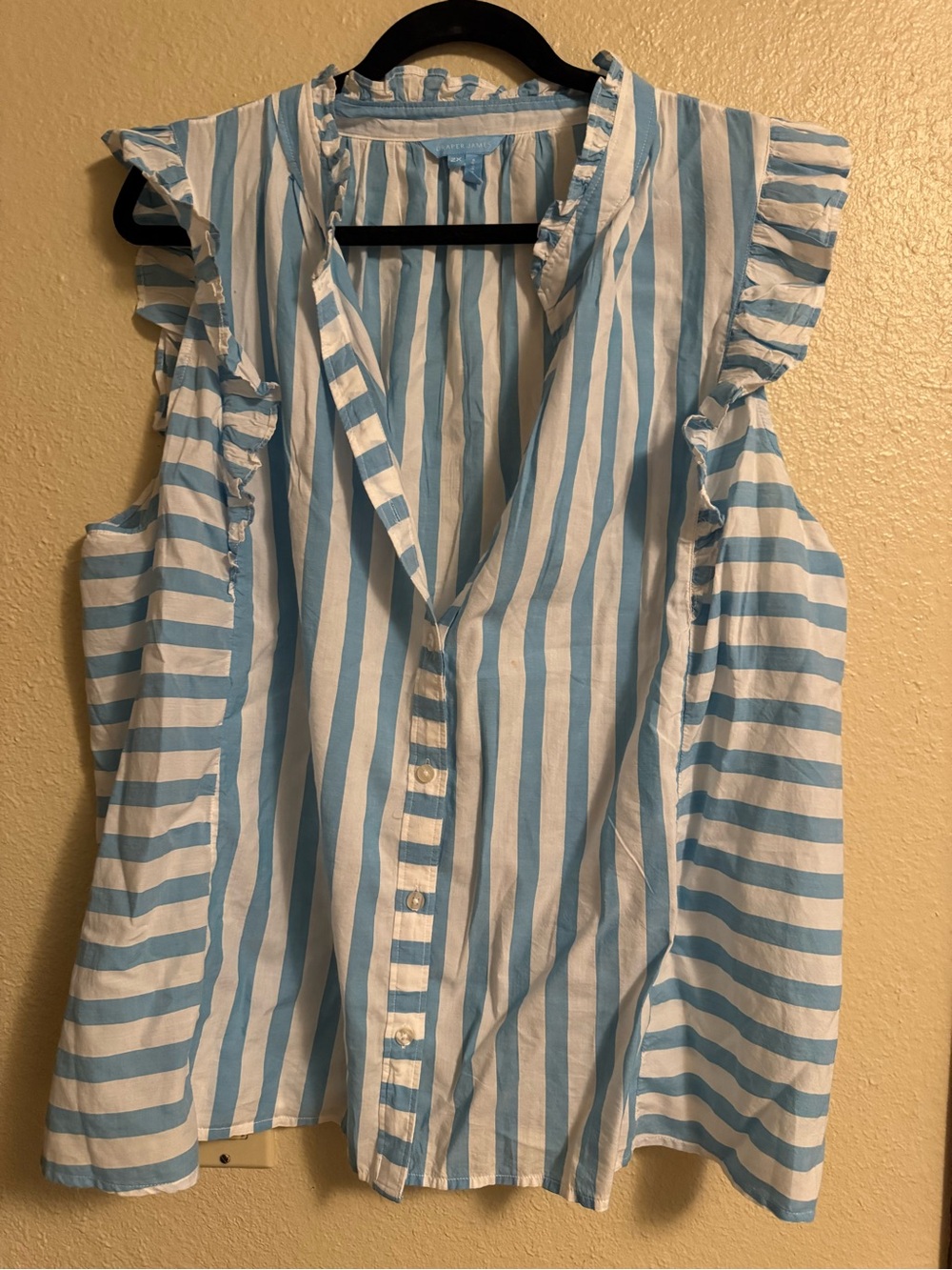 Draper James Blue & White Sleeveless Striped Ruffle-Trim Button Front Top